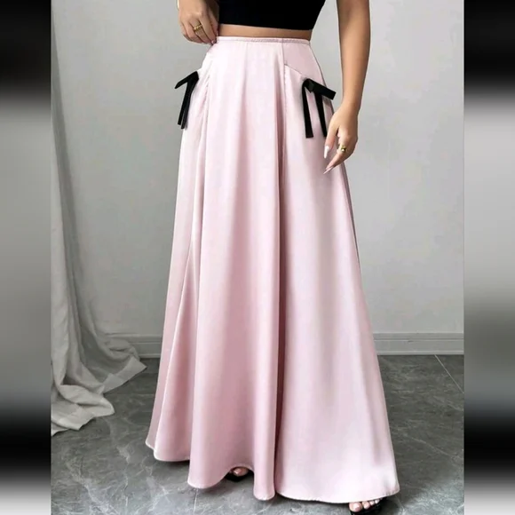 Elegant & Graceful Pink Satin Sheen A-Line Long Skirt With Black Bow Patchwork